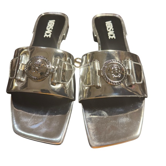 Versace Metallic Silver Slide Sandals - Picture 1 of 12